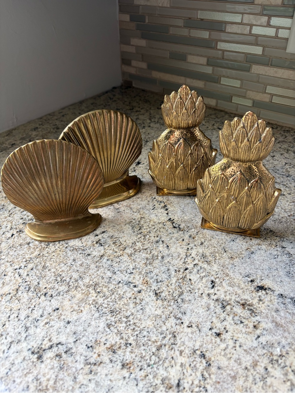 Pair of 2 Vintage Solid Brass Pineapple & clamshell Bookends - mcm vtg boho